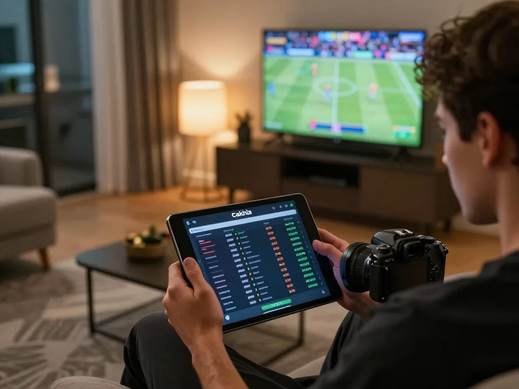 Cakhia user analyzing sports betting data on tablet in a vibrant home setting.