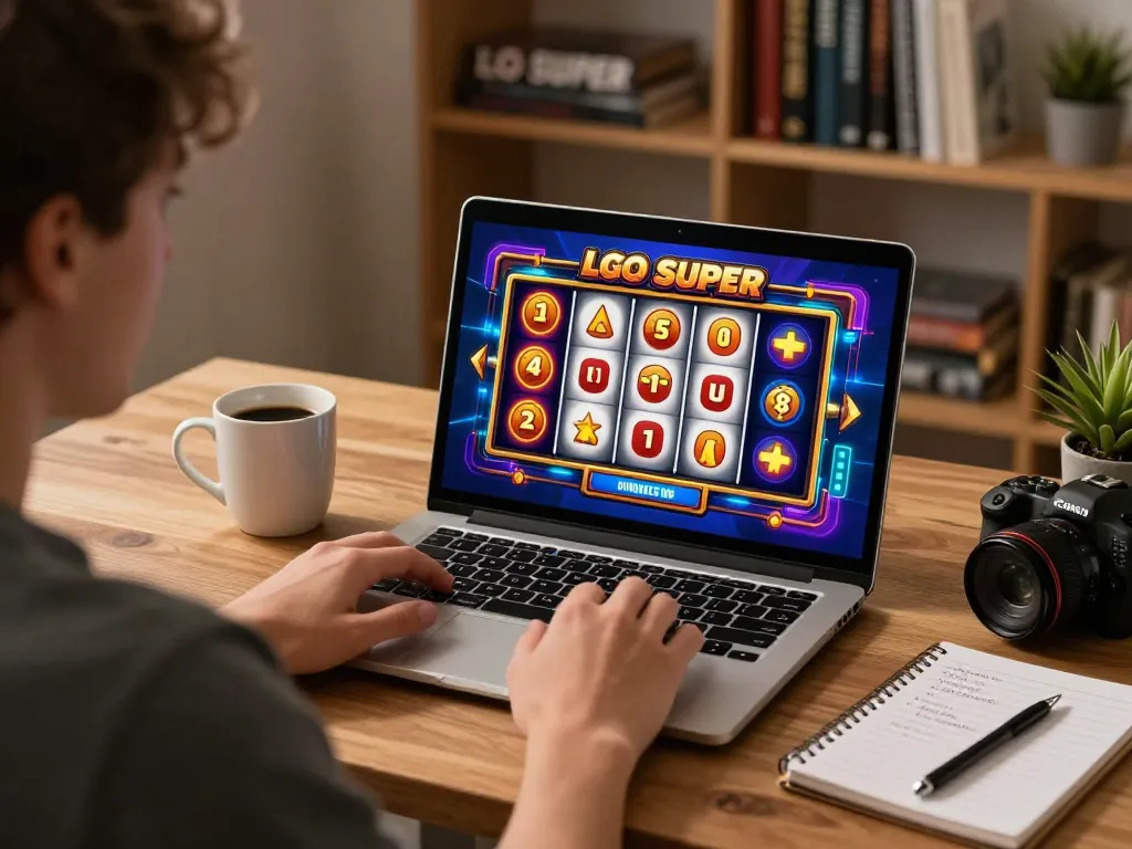 Gaming on LGOSUPER online slot with vibrant graphics at cozy home desk, emphasizing strategic play.