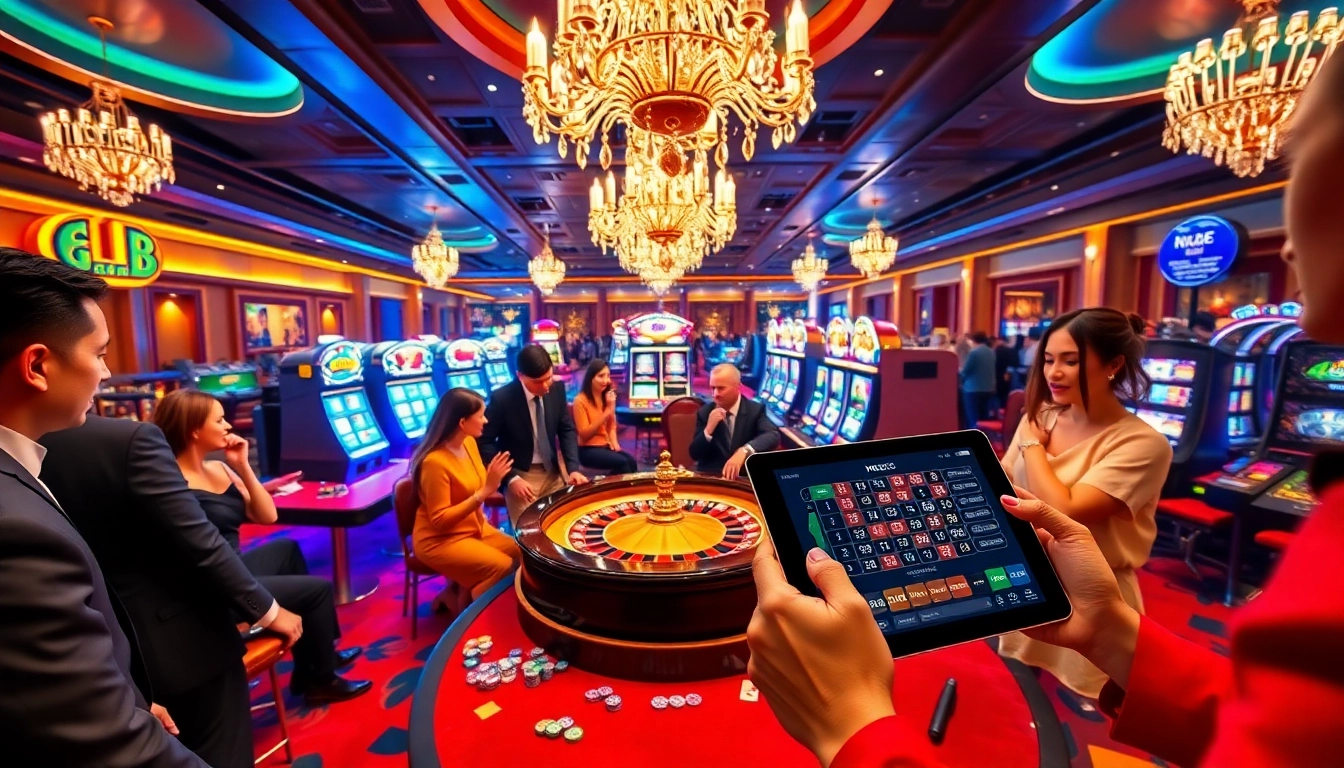 NK88 players engaging at a glamorous casino table with chips and cards, celebrating the thrill of winning.