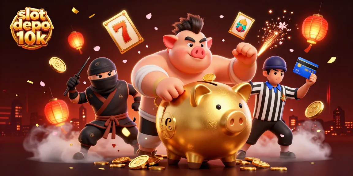 Experience thrilling wins with slot depo 10k gaming illustrated by a dynamic piggy bank sumo wrestler.
