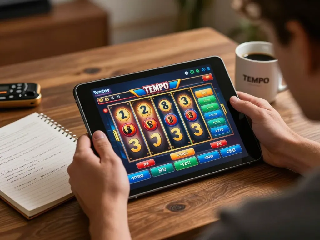 Player spinning Tempo 123 slot reels on tablet while enjoying online casino experience at home