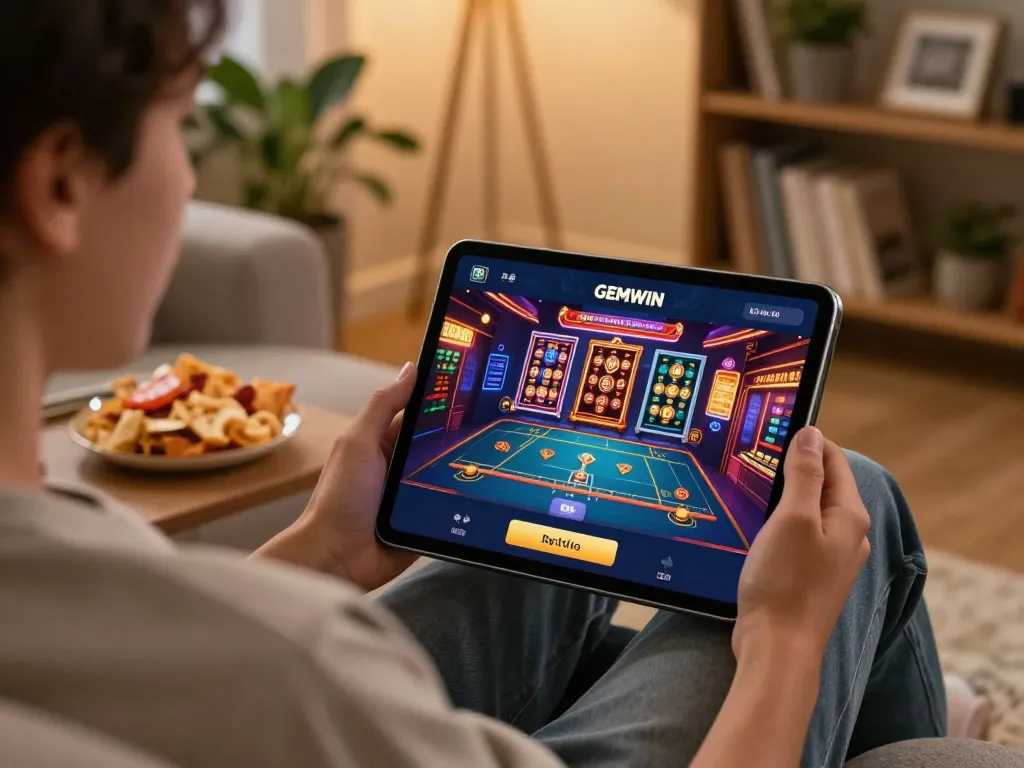 GEMWIN app displayed on tablet as user enjoys engaging casino games at home in cozy atmosphere.