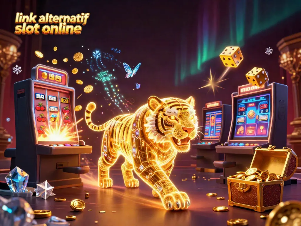 Animasi mengesankan dari link alternatif slot online dengan harimau LED berenergi dan mesin slot jackpot yang meledak.