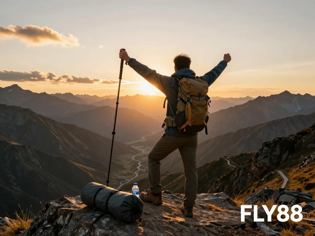 Traveler at mountain summit with sunset view, representing adventure and exploration at Fly88.
