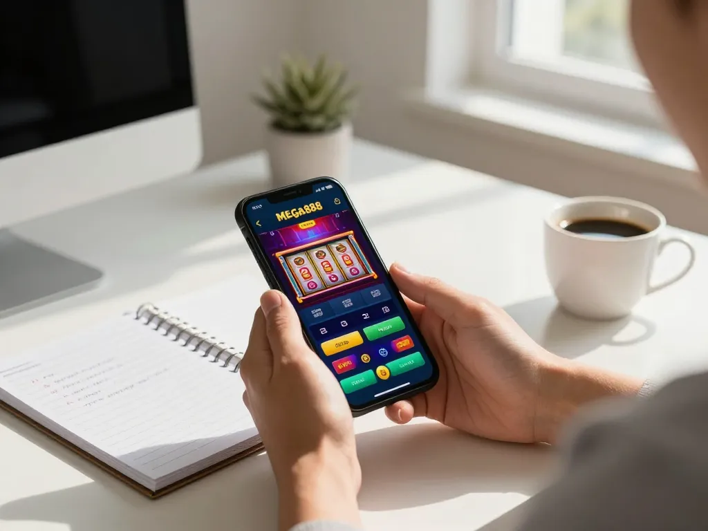 Playing mega888 on a smartphone with vibrant graphics, emphasizing mobile gaming strategy.
