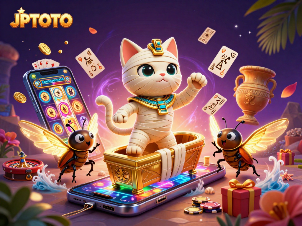 Experience JPTOTO's vibrant casino adventure with a mummy cat, scarab, and dynamic gambling elements.