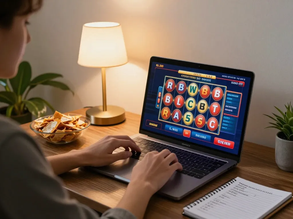 IDCASH88 online gambling setup showcasing a player strategizing on a laptop with vibrant slot games