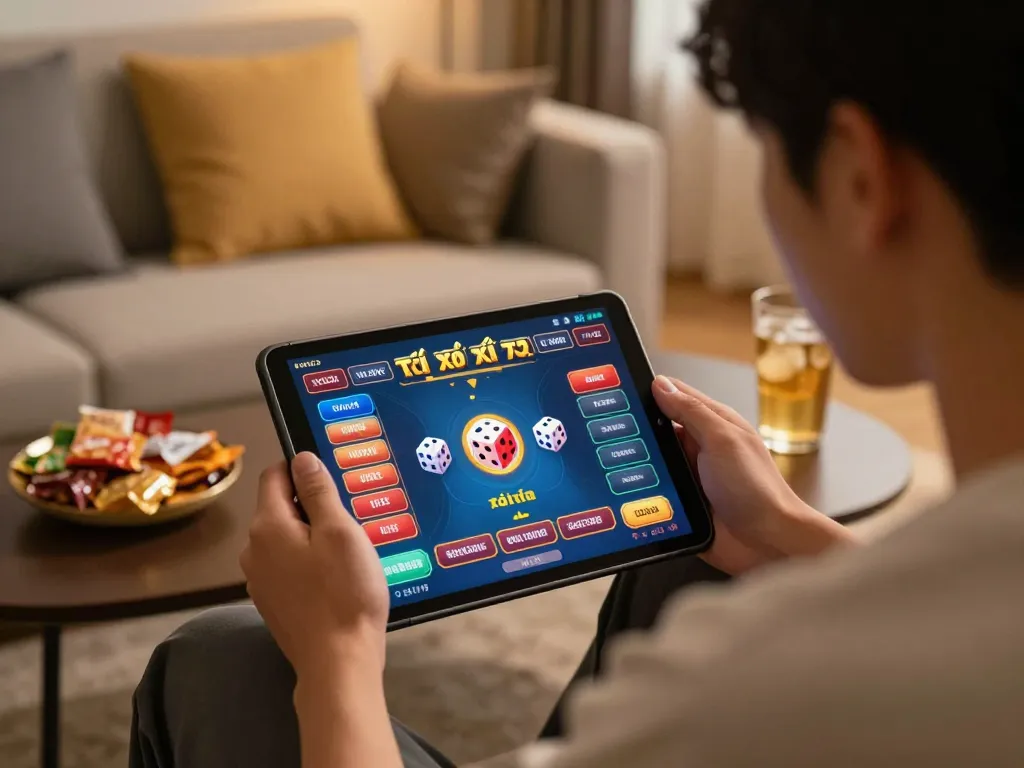 Tài xỉu online gameplay on tablet, person engaged in dynamic betting options in cozy home setting.