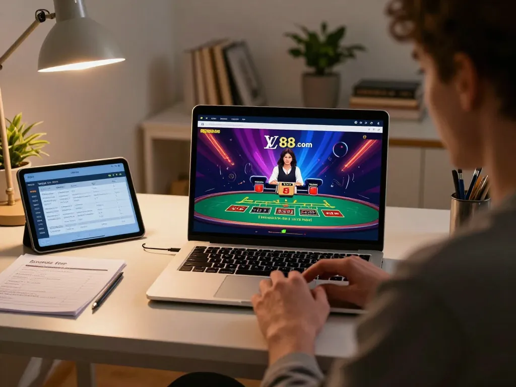 Engaging gameplay scene featuring LV88.com interface on laptop as user places bets on live blackjack, showcasing immersive home gaming.