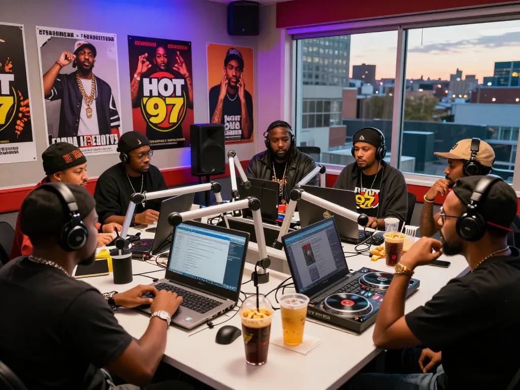 Pembawa acara radio hotplay97 berinteraksi dengan pendengar di studio yang cerah, menunjukkan energi budaya hip-hop