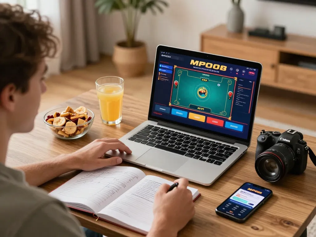 MPO08 user engaging in online gaming, showcasing live dealer games and strategic notes.