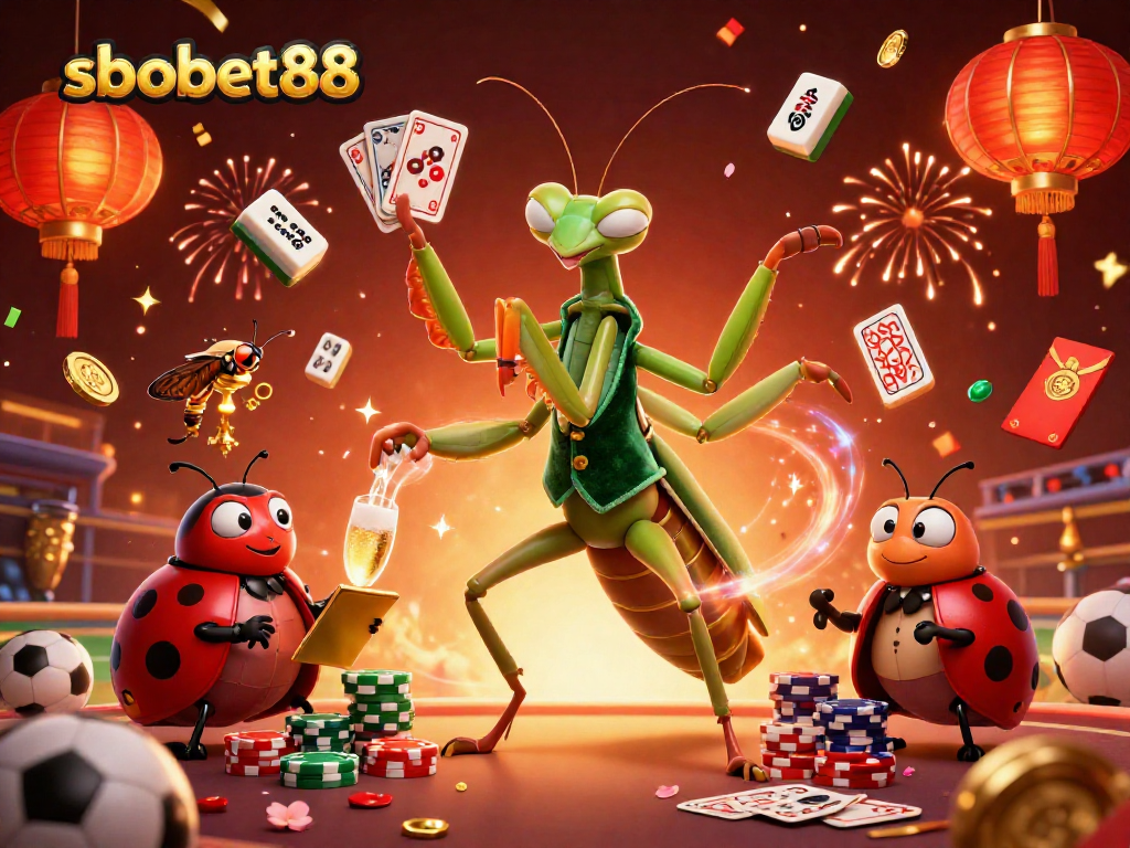 SBOBET88 showcases a vibrant sports betting scene with dynamic characters and celebratory elements.
