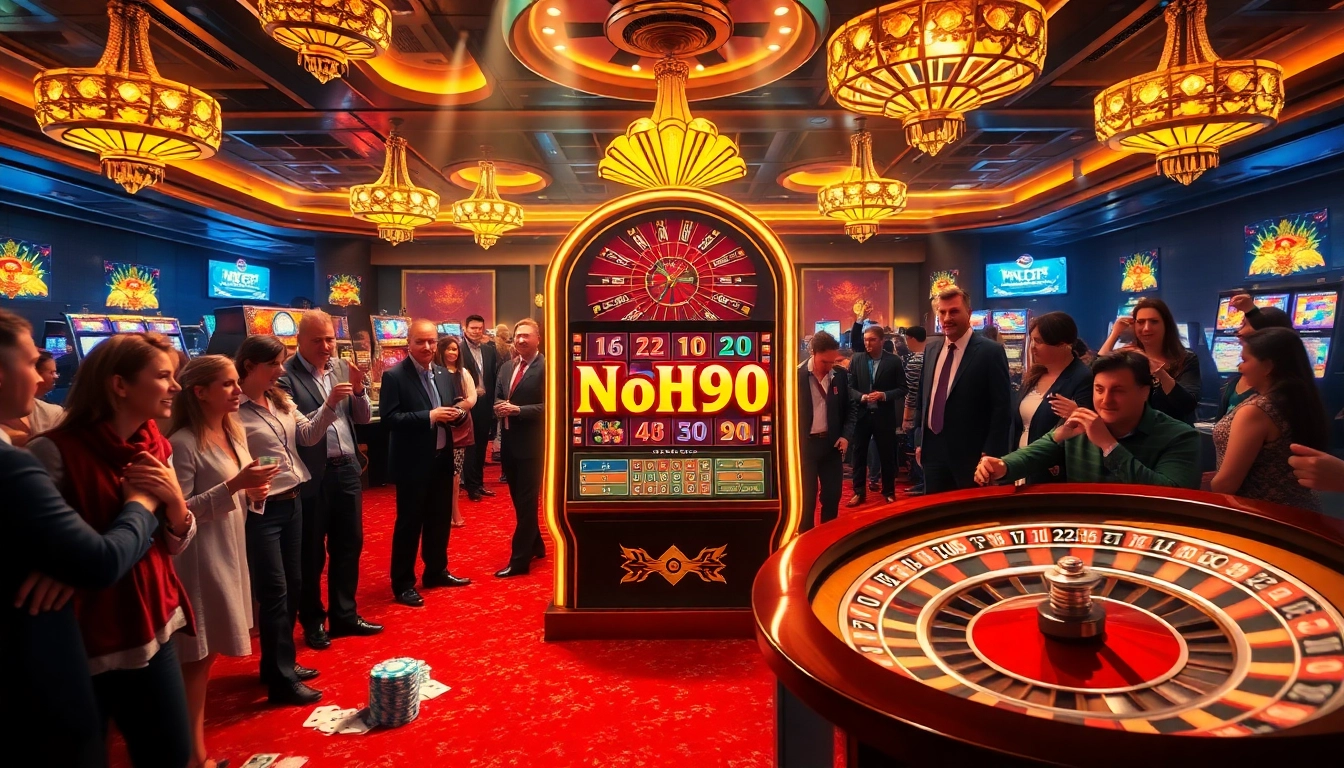 Nohu90 players celebrating a win at a luxurious slot machine in an upscale casino.