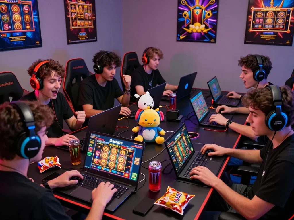 Friends enjoying online slot games on Dash88 platform with gaming gear.