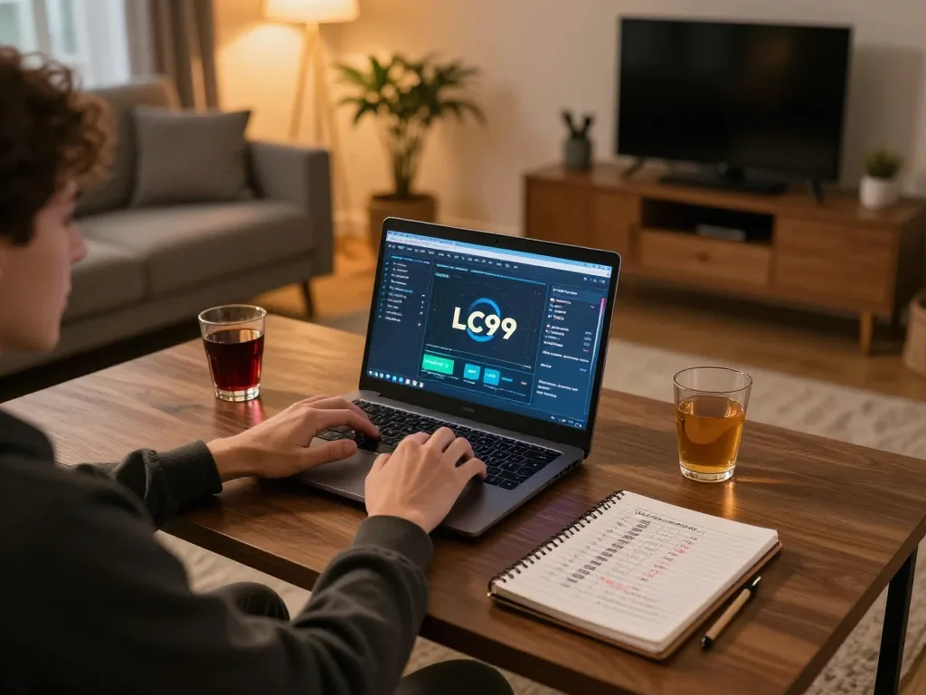 Player enjoying online casino experience with LC99 on laptop in cozy home setting.