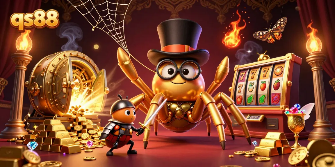 Experience the dynamic scene of qs88 with animated slot reels, a golden tarantula, and treasure.