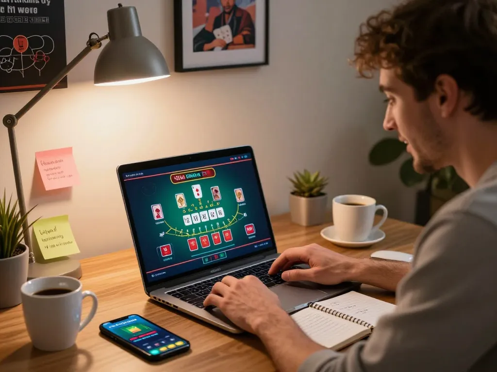 Player engaging in live blackjack on MM99 platform at home, showcasing strategic gaming setup.