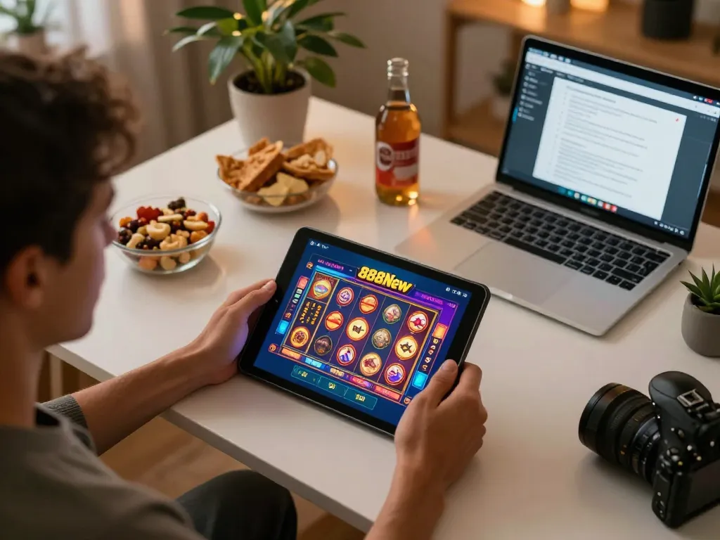 Playing slot games on 888New app in a cozy home office setting.