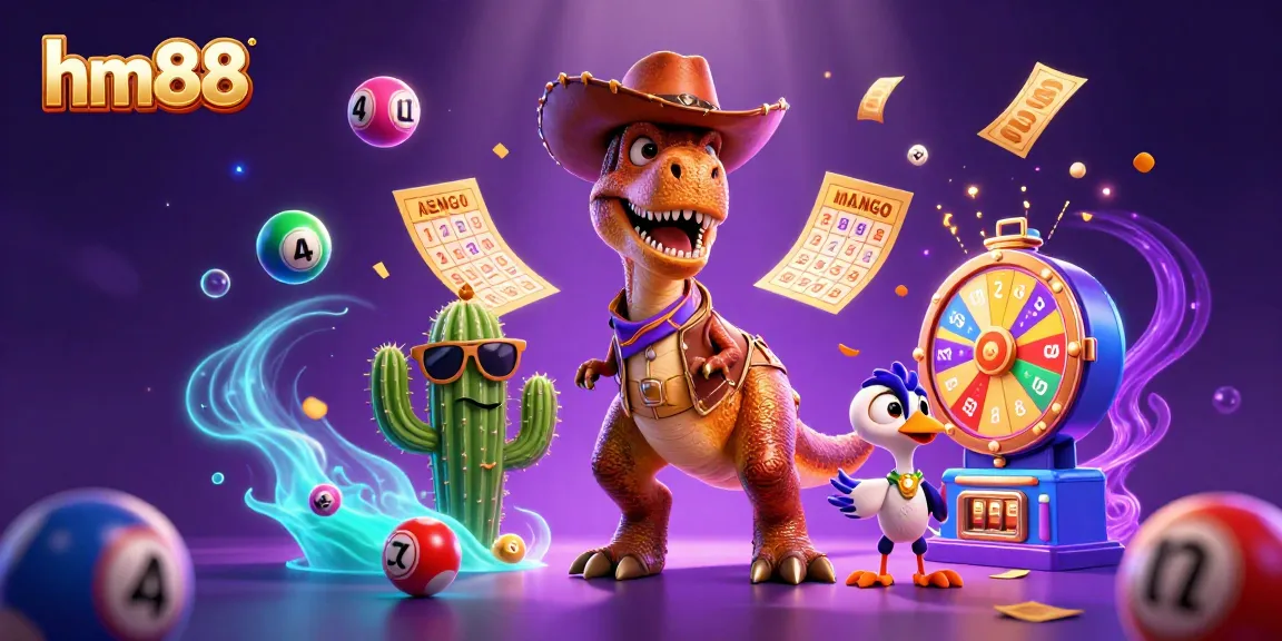 Experience thrilling wins with hm88 through vibrant casino-themed 3D illustration showcasing colorful lottery elements.