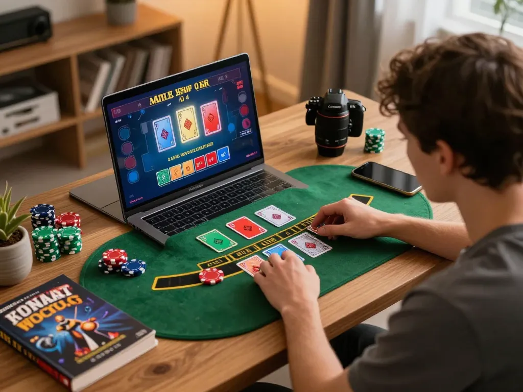 tr88 player engaging in live dealer blackjack game on laptop at home workstation.