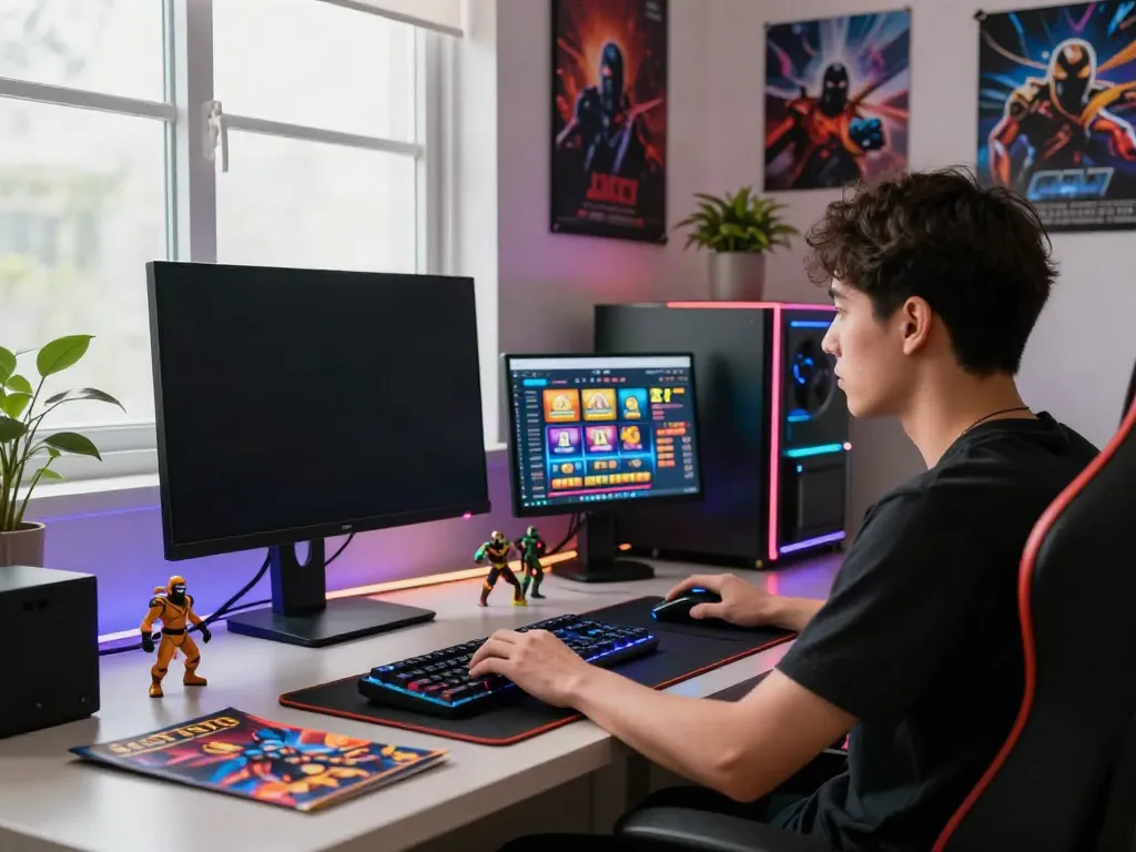 Engaging gaming environment with SLOT TOTO games on screen, highlighting modern desk setup.