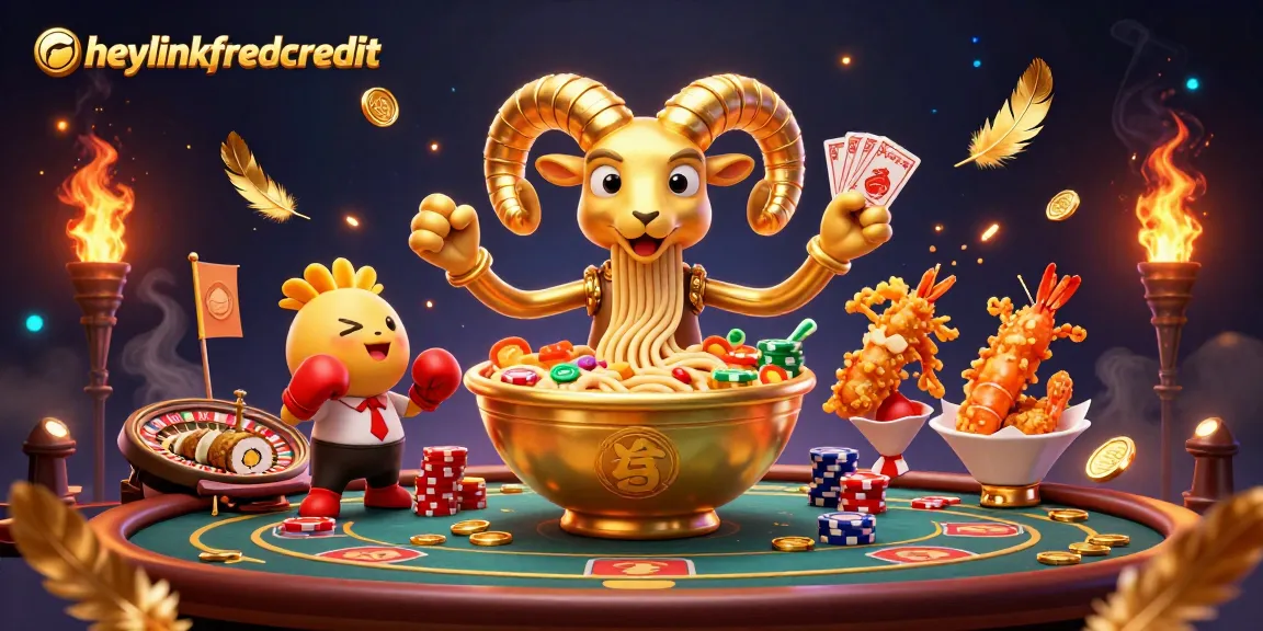 heylinkfreecredit showcases a lively casino scene with cartoon characters engaged in thrilling games.