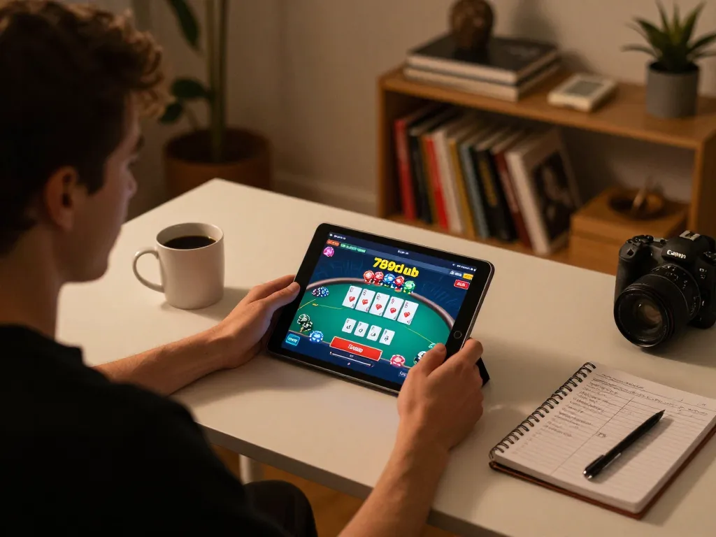 Engaged player utilizing 789club on a tablet in a cozy home setting with strategic notes.