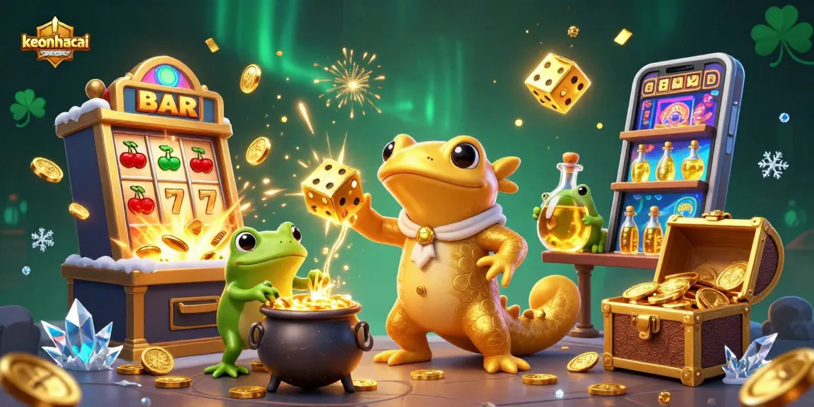Engage with keonhacai through a captivating scene with alchemical characters and vibrant casino elements.