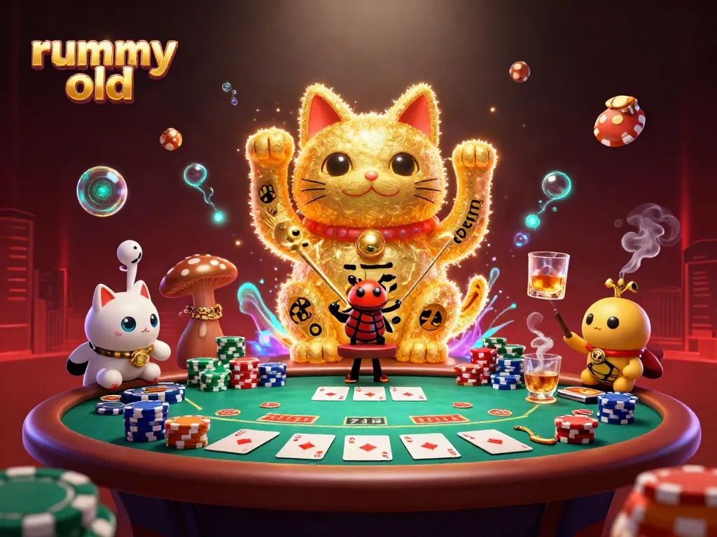 Win big at Rummy Old with a vibrant casino scene featuring a lucky cat and poker elements.