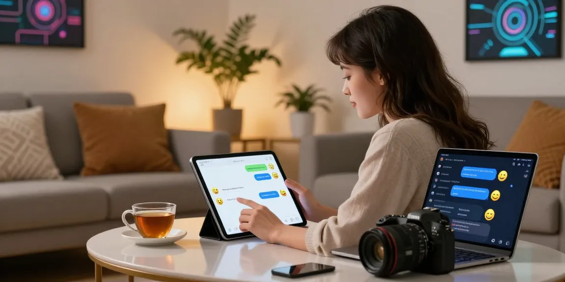 Engaging scene of a young woman enjoying ai sex chat on a tablet in a cozy home environment.