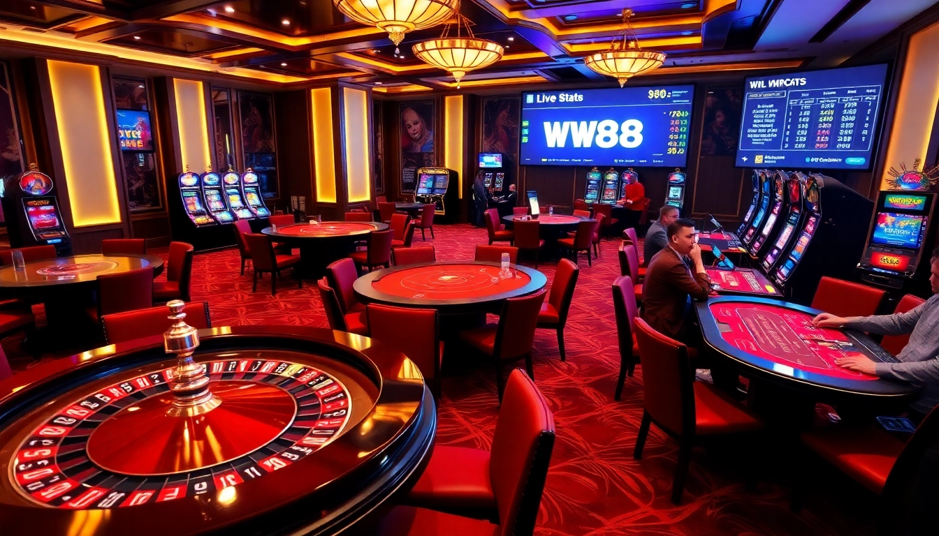 Engaging scene at WW88 casino with roulette and slot machines creating a vibrant atmosphere.