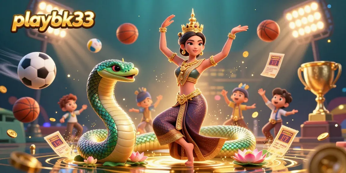 Experience thrilling wins with playbk33 in this dynamic 3D casino illustration featuring sports and gaming elements.