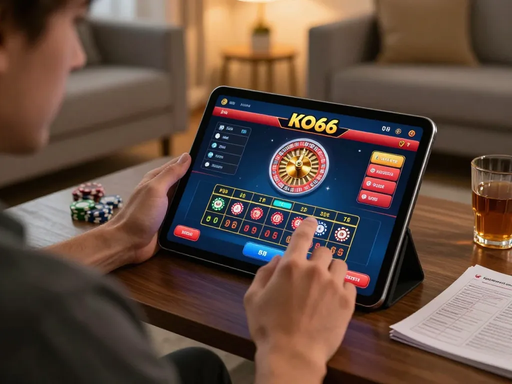 Người chơi tương tác với ứng dụng casino KO66 trong khi xem xét các tùy chọn cược trong một không gian ấm cúng tại nhà.