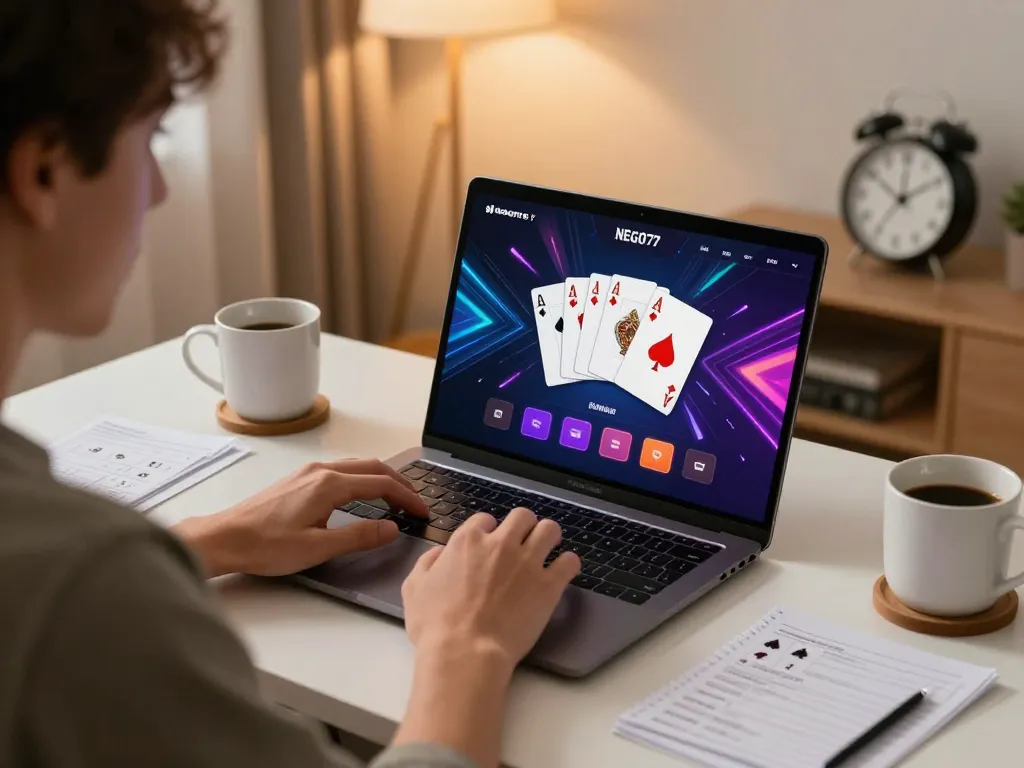 Engaging online gaming experience with NEGO77’s interface showing poker cards and strategy notes on a cozy home desk.
