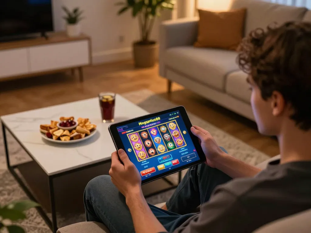 Engaging gameplay on the Megaplus88 online casino on a tablet in a cozy living room setting.