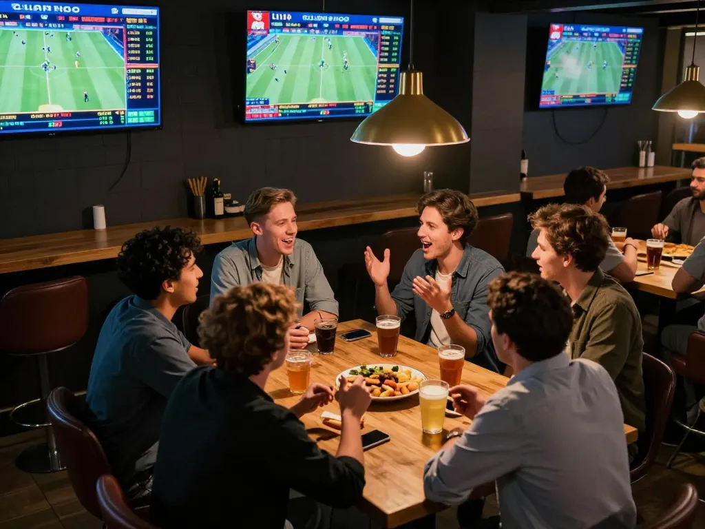 Bongdalu sports betting scene featuring friends analyzing live matches and odds, capturing excitement and interaction.