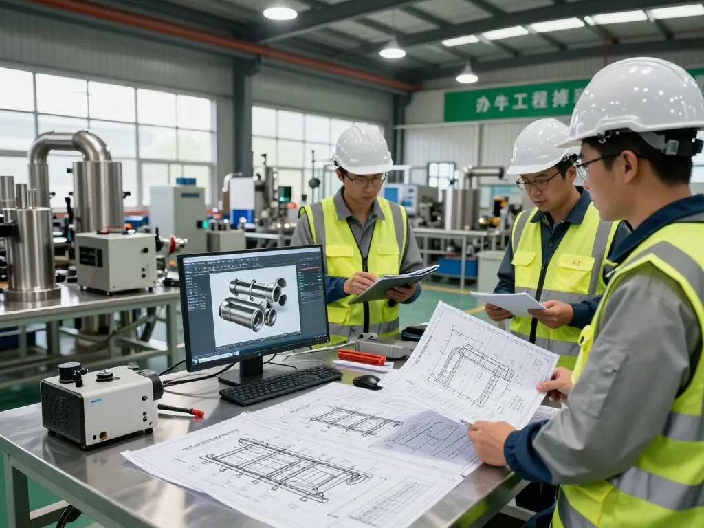 Engineers collaborating on sumwin stainless steel manufacturing plans in a modern facility.