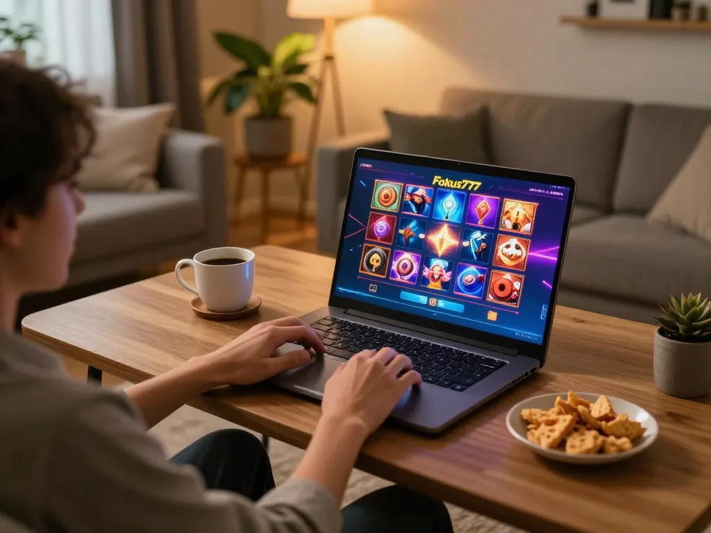 Engaging in slot gameplay on Fokus777 with a laptop in a cozy home setting, illustrating online gambling convenience