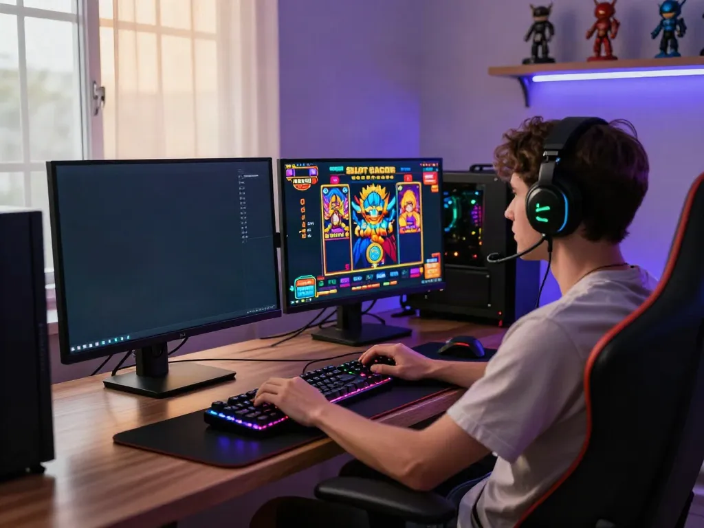 An engaged gamer playing SLOT GACOR on high-end dual monitor setup with vibrant graphics.