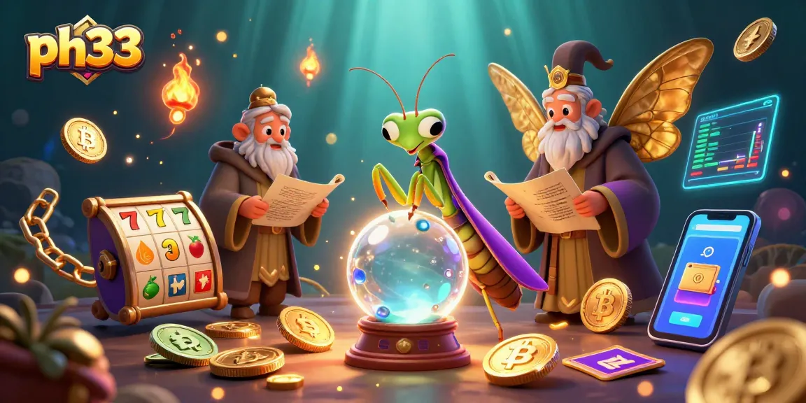 Engage in thrilling ph33 slot gaming with mystical characters and vibrant visuals in this dynamic casino illustration.