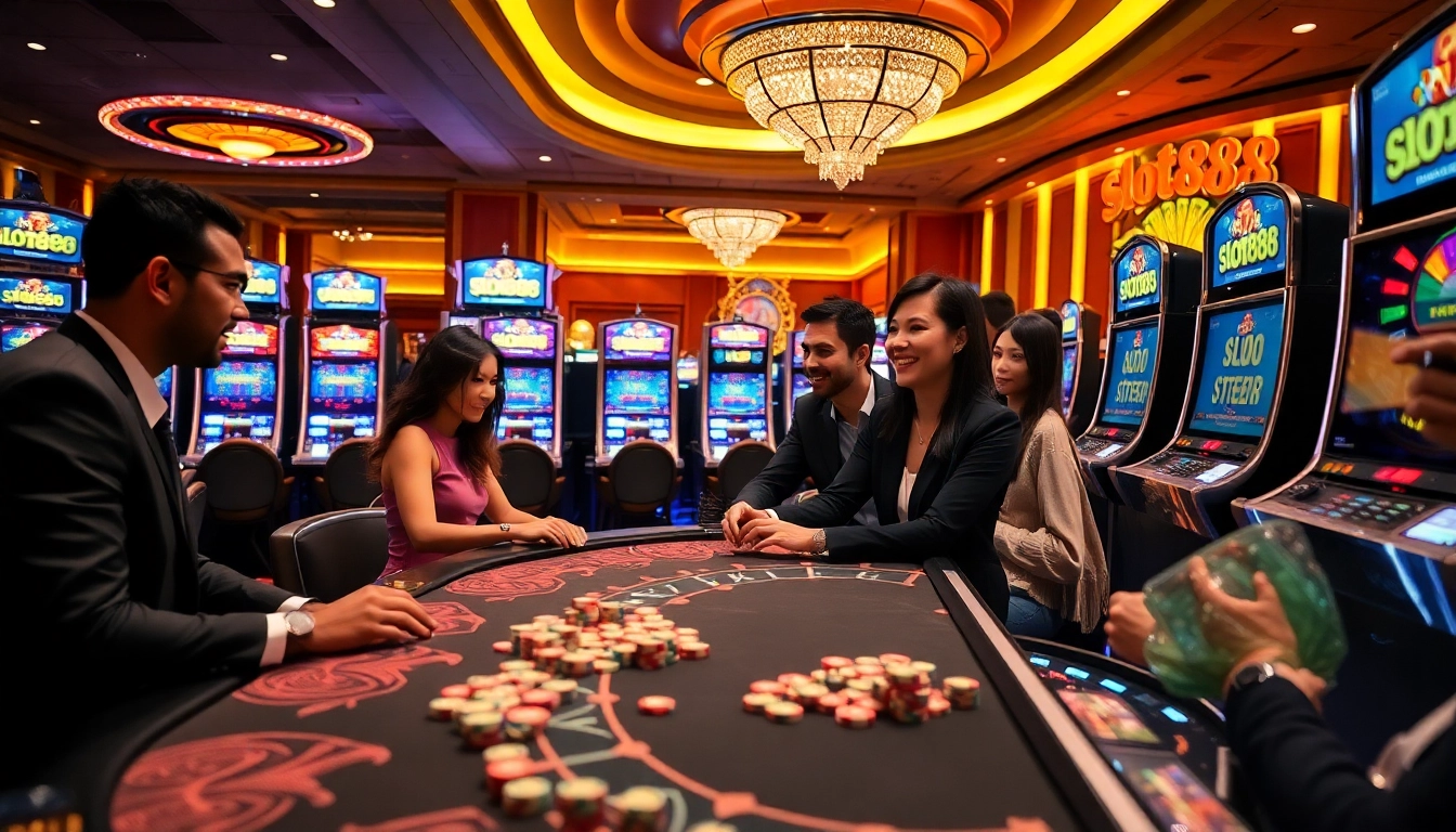 Players enjoying the thrill of slot888 at a bustling casino with vibrant slot machines.