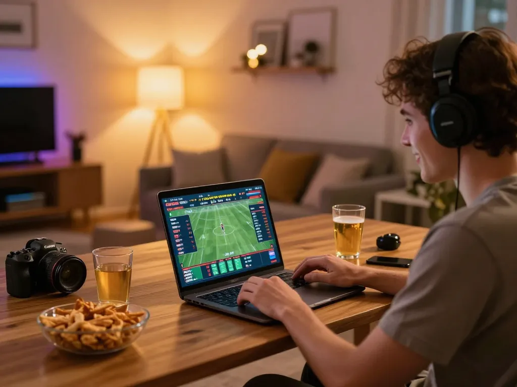 UU88 online sports betting setup with a player engaged, laptop showing live odds and statistics.