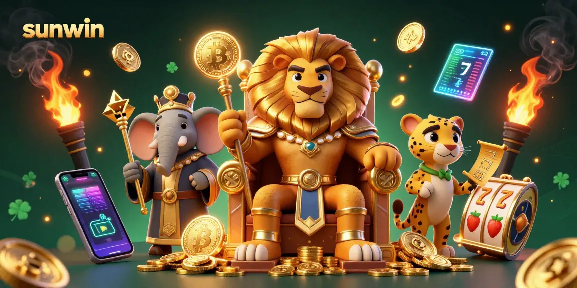 Engage with sunwin's vibrant casino experience featuring a lion king, elephant advisor, and cheetah messenger.