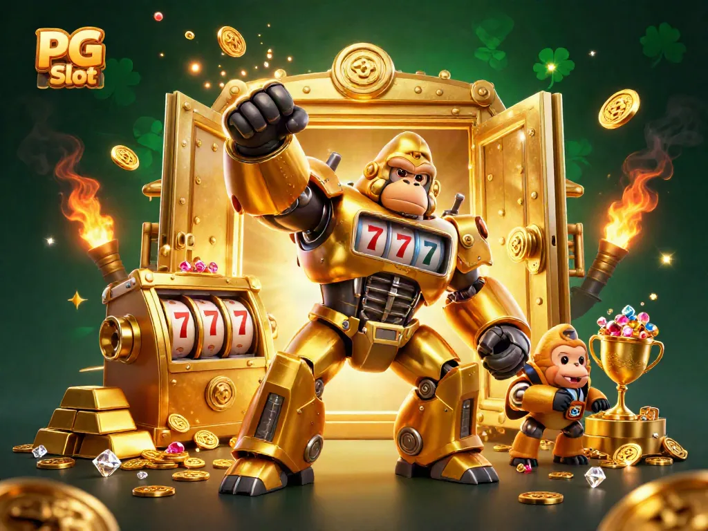 Engage with PG Slot action featuring a golden gorilla mech amid dazzling casino treasures.