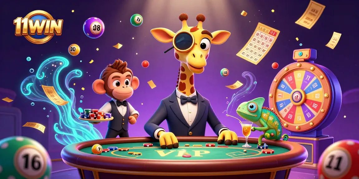 Experience the excitement of 11WIN with this vibrant illustration of a high-roller giraffe at a casino.