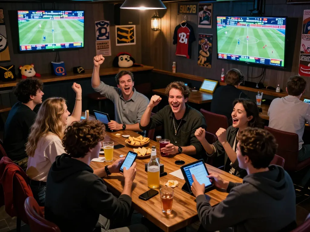 SKY88 players engaging in live sports betting with multiple screens displaying odds and game stats.