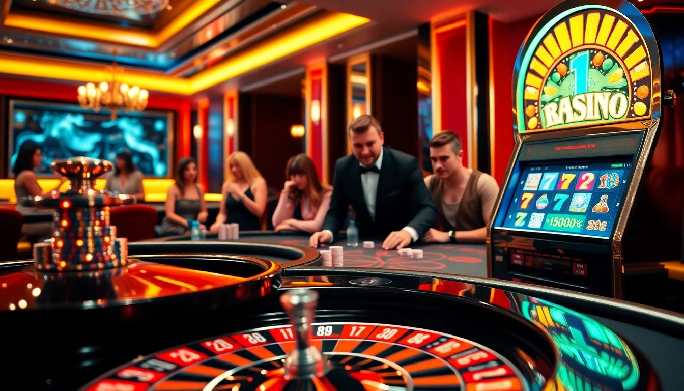 Players enjoying casino games at https://mm88.observer/, showcasing vibrant roulette and poker elements in a luxurious setting.