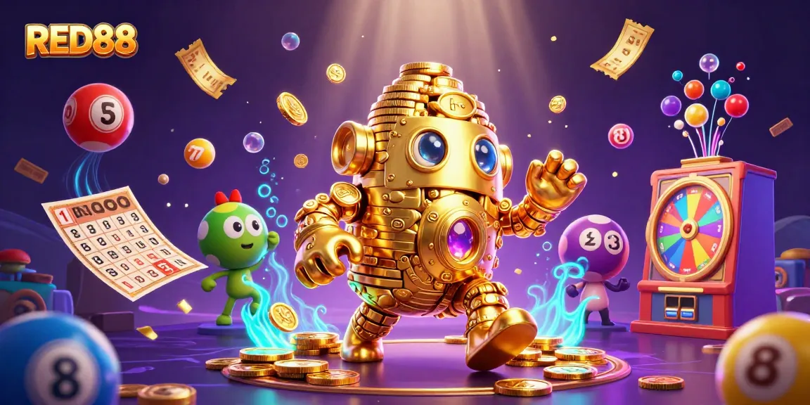 Engage with the thrilling world of RED88, featuring a lively golden golem surrounded by vibrant lottery elements.