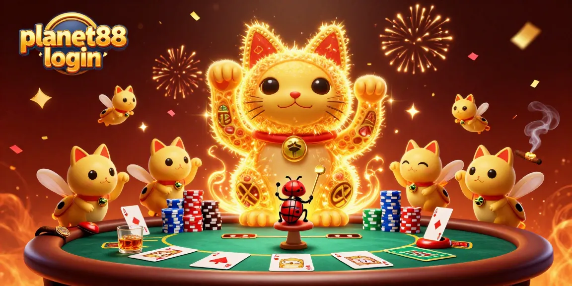 Experience the thrill of wins with planet88 login and a lively casino scene featuring a lucky cat.