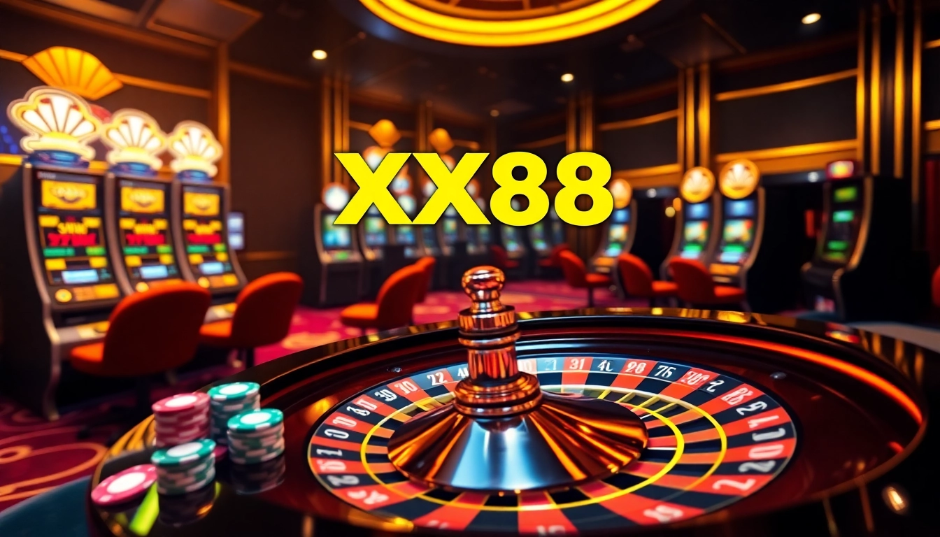 Experience thrilling gaming moments at XX88 with vibrant casino elements like roulette and poker.